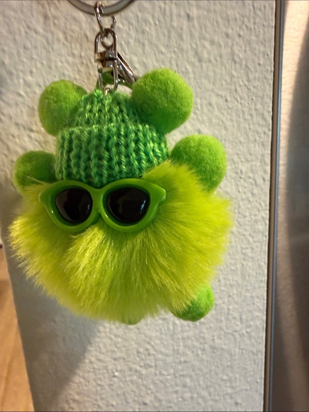 Green Fuzzy Pom-Pom Keychain Plush with Sunglasses bag charm